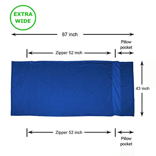 Browint Silk/Cotton Travel Sheet with Double Zippers, 87"x43" Extra Wide Sleep Sack for Hotels, Lightweight Sleeping Bag Liner for Camping, Traveler Rectangular with Pillow Pocket - Thumbnail 3