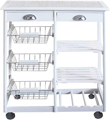 Rolling kitchen cart with multiple storage options including drawers, racks, and baskets, priced at $79.99.