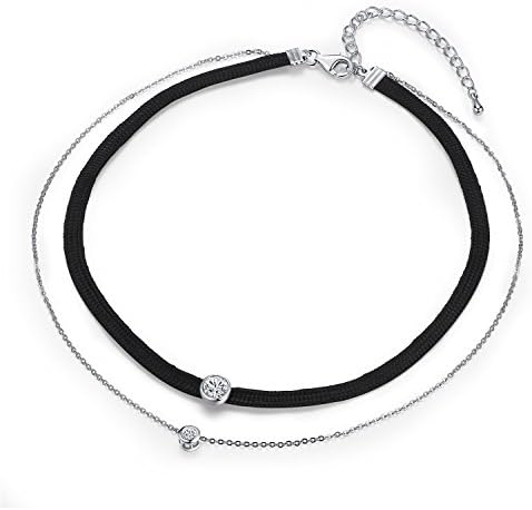 ZEONMEI Sterling Silver Choker Pendant Necklace Clavicle Chain with Cubic Zirconia 16"+ 2.8" Extender