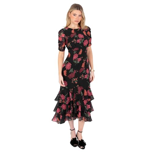 Anaya with Love Women's Midaxi Dress Ladies Recycled Floral Print Ruched Short Sleeve Round Neck Empire Line Tiered Ruffle Keyhole Back, Black 16