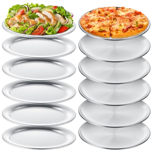 CYEAH 12 Pcs Stainless Steel Serving Tray Set, 8 inch Pizza Pan & Stainless Steel Oval Platter, Mirror Polish Serving Platters, Pizza Pan for Oven Safe, Silver Serving Tray for Food, Pizza Fish Meat