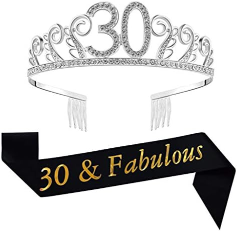 30th Brithday Tiara and Sash, Glitter Satin 30 & Fabulous Sash and Rhinestone Birthday Crown Happy 30th Birthday Decorations Party Supplies Birthday Cake Topper