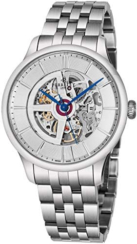 Perrelet First Class Double Rotor Skeleton Mens Automatic Watch - 42mm Silver Open Face with Second Hand and Sapphire Crystal - Stainless Steel Band Swiss Made Luxury Dress Watch for Men A1091/4