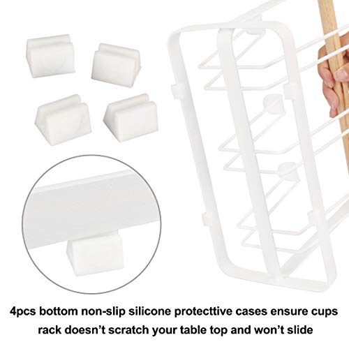 Cup Drying Rack Stand, 6 Cup Metal Drainer Holder Rack Non-Slip Mugs Cups Organizer with Wood Handle, White