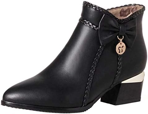 Coolulu Womens Low Chunky Heel Ankle Boots with Bow Pointy Toe Booties