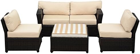 Caymus 5 Piece Rattan Wicker Sectional Sofa Set with Sunbrella Cushion Outdoor Garden Patio Furniture Set Coffee Beige