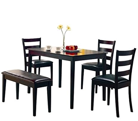 Coaster 5pc Dining Table, Chairs & Bench Set Cappuccino Finish 5pc Dining Table and Chairs Set with Ornaments Black Bronze Finish