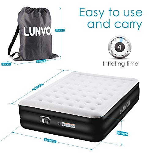 Lunvon Air Mattress Guest Durable Inflatable Airbed Blow Up Air Bed with Built-in Electric Air Pump, Storage Bad and Repair Patches Included, Height 18.5 inches, Queen Size, 2-Year Warranty