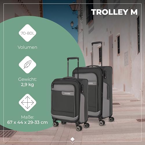 4-Rad Koffer Set Weichschale aus recyceltem Material, Größen L/M/S + Reisetasche, Gepäck Serie VIIA: Trolley Set mit Handgepäck im IATA Bordgepäck Maß