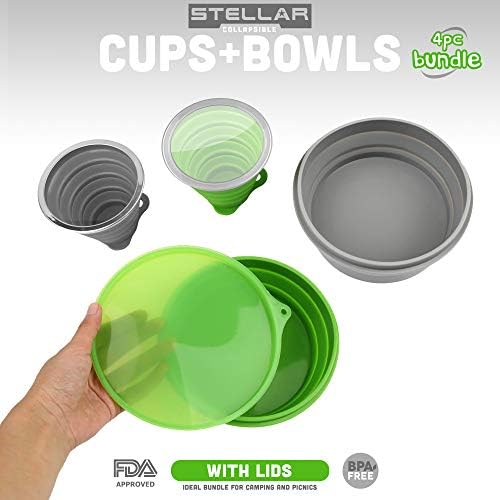 Stellar Collapsible Bundle Camping Cups Bottles Bowls w Lid | BPA Free, Food-Grade Silicone | for Outdoor Hiking Travel Active Lifestyles