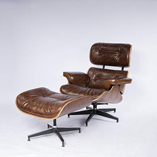 eoe Simple Modern Fashion Style Living Room Genuine Leather Wood Lounge Chair and Ottoman (Walnuwood Wax Brown)