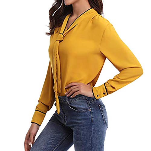 KFSO Women Autumn O Neck Long Sleeve Chiffon Bandage Tie Top Casual Blouse Tops T-Shirt (Yellow, M)