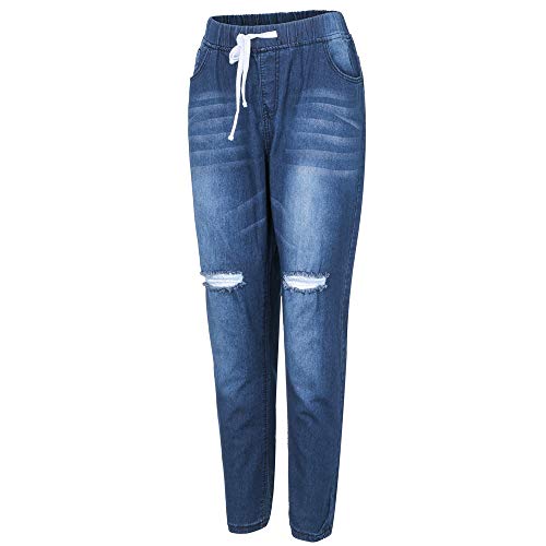 JOFOW Women Pencil Jeans Ripped Distressed High Rise Drawstring Tie Denim Casual Long Straight Leg Ankle Pants Plus Size (XL =US:16-18,Light Blue)