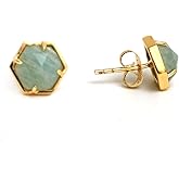 Gempires Gemstone Hexagon Shaped Prong Bezel Stud, 14k Gold Plated, Hypoallergenic and Minimal Jewelry, Healing Christmas Gift For Her