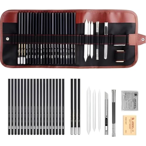 Kit Lápis de Desenho Profissional 29 Peças com Estojo Portátil, Lápis Artísticos, Borrachas, Estilete e Acessórios para Artistas e Estudantes Linha Super Premium 2H B HB 2B 3B 4B 5B 6B 7B 8B