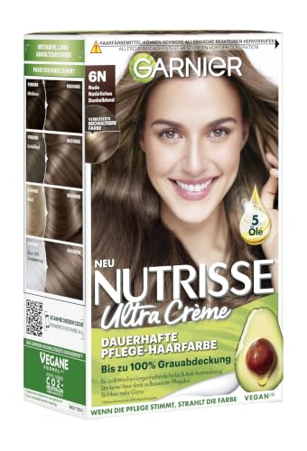 Garnier Nutrisse Permanent Care Hair Colour with Nourishing Fruit Oils, Colouration with 8 Weeks Hold, Ultra Cream Tint, 6N Nude Natural Dark Blonde