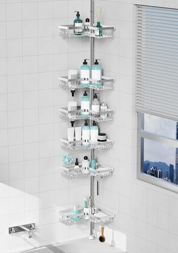 KEGII Teleskop Duschregal mit 6 Körben, Teleskopregal Bad Duschablage Ohne Bohren für Innen-Ecke Badewanne von 63.5-290 cm, Silber
