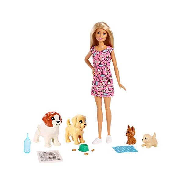 Barbie FXH08 - Hundesitterin, blond, Spielset mit 4 Hunden, mit einem Häufchen machenden und einem PIPI machenden Hund, mit Farbwechsel-Papier +mehr, Geschenk für Kinder im Alter von 3 bis 7 Jahren