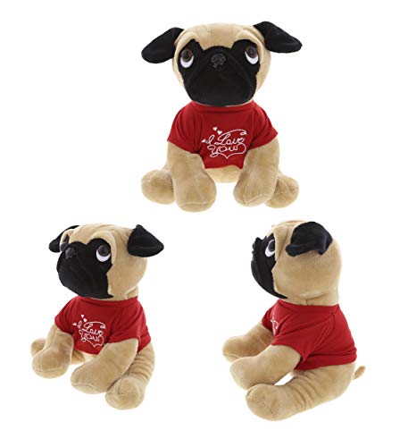 DolliBu Pug Dog with I Love You Message T-Shirt Stuffed Animal 10 Inch, for Boyfriend or Girlfriend, Cute Teddy Bear with Heart Plush Toy for Friend, Anniversary or Valentine Gift