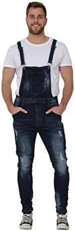 Slim Fit Mens Bib Overalls – Distressed &amp; Creased Denim Bib Overalls Narrow Leg