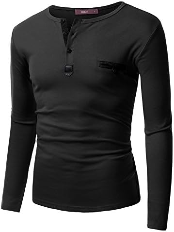 Doublju Mens Long Sleeve Leather Point Henley T-Shirts