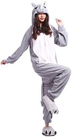 PALMFOX Unisex Onesies Gray Rhino Animal Cosplay Costume Adult Pajamas Lounge Wear Christmas L