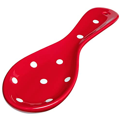 City to Cottage Handmade Red and White Polka Dot Ceramic Kitchen Cooking Spoon Rest | Pottery Utensil Holder | Housewarming Gift