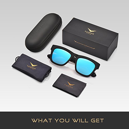 LUENX Mens Wayfarer Polarized Sunglasses UV 400 Protection Mirror Blue Lens Black Frame 58MM,by with Case