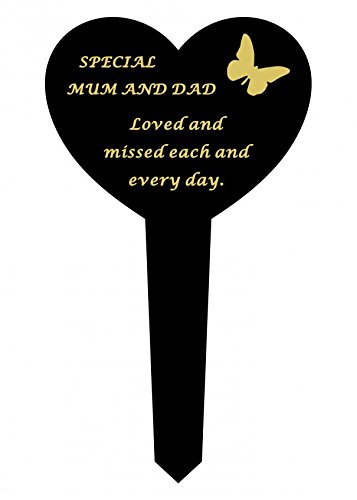 Mum and DAD - Black & Gold Plastic Memorial Heart Stake Graveside Spike Marker Crematorium