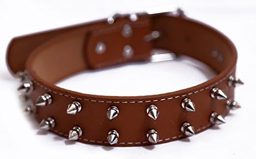 Ocean Wave Stylish Leather with Stainless Steel Double Row Spike Pu Dog Collar, Brown (1.25-inch)