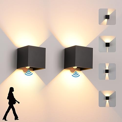Pack of 2 LED Wall Light Indoor/Outdoor with Motion Sensor, 12 W, 3000 K Warm White Wall Lamp, IP 65 Waterproof Outdoor Wall Light, Modern Outdoor Wall Lighting with Up and Down Adjustable Beam Angle, Black
