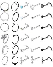 Longita 20g Nose Rings Hoop L Shape Nose Studs Stainless Steel Nose Screw Bone Flat Top Diamond Opal Heart High Nostril Piercing Jewelry Silver Rose Gold Black Pack for Women Men
