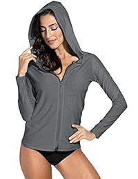 Camiseta de natación para dama con protección solar UV y cremallera de manga larga con capucha