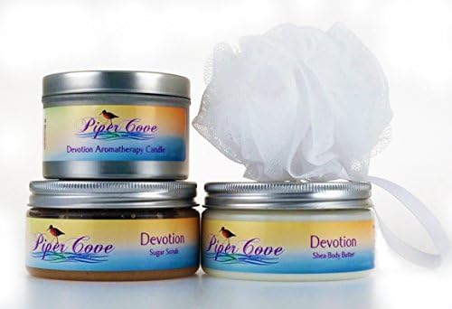 Piper Cove Devotion (Cherry Blossom &amp; Peach) Spa Collection with Shea Body Butter, Sugar Scrub, Bath Pouf and Aromatherapy Candle