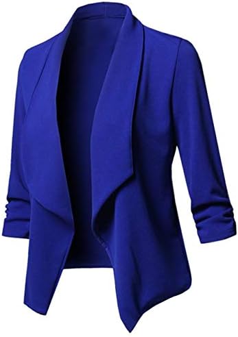 Uranus Women's Stretch 3/4 Gathered Sleeve Open Blazer Jacket Lightweight Work Office Blazer Jacket