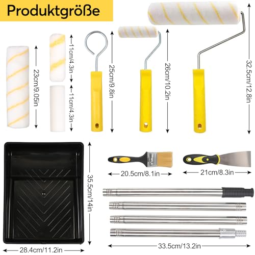 Gemsaya Paint Roller Set with Telescopic Rod, 20-Piece Painting Set with 1.5 m Telescopic Rod, 23 cm + 11 cm Painter's Roller, Brush, Scraper and Paint Tray, Paint Roller Wall Paint Roller for Wall Ceilings
