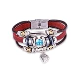Brand New Vintage Women Sky Blue Crystal Deep Red Leather Bracelet With A Silvered Plated Leaf Drop L151