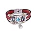 Brand New Vintage Women Sky Blue Crystal Deep Red Leather Bracelet With A Silvered Plated Leaf Drop L151