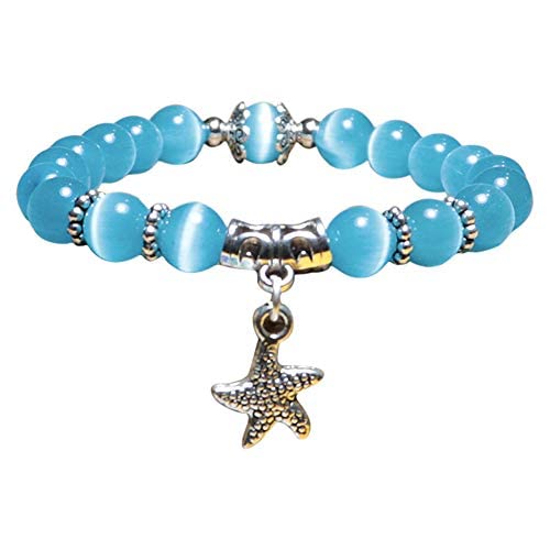 Aqua Blue Stretch Bracelet with Silver Starfish Charm – Cat’s Eye Beads, Ocean-Inspired Boho Jewellery for Women, Beach & Summer Accessory in Gift Box