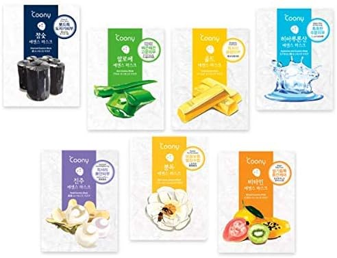 Coony Set of 5 Skin Brightening And Firming Korean Sheet Mask - Includes Charcoal Mask, Gold Mask, Aloe Mask, Pearl Mask, Collagen Mask