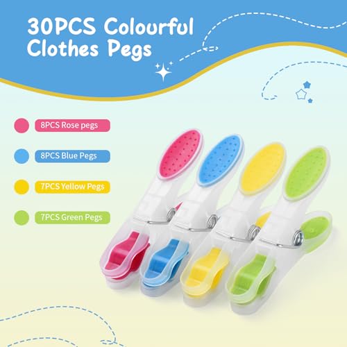 AiQInu Pack of 30 Plastic Clothes Pegs, Non-Slip Clothes Pegs, Multi-Coloured Clips with Soft Padded for Towels, Socks, Underwears and Clothes
