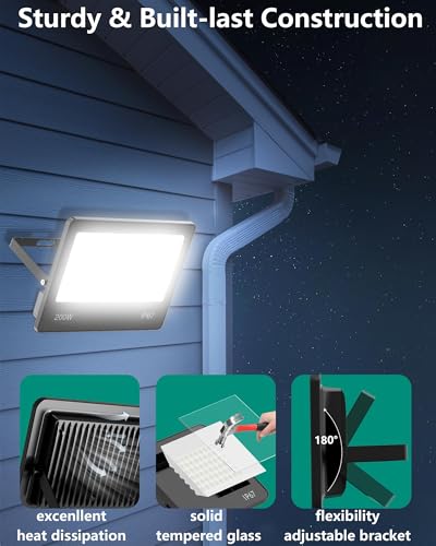 200W 2PCS 20000LM Powerful Outdoor LED Spotlight 6500K Cool White IP67 Waterproof Security Lighting for Garden, Patio, Garage, Terrace, Warehouse