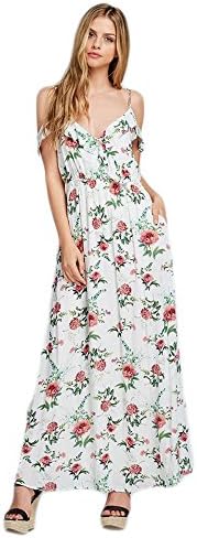 Listicle Women's Rose Print Ruffle Maxi Dress Ivory Multi (Small)