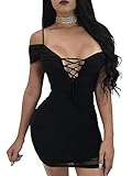 TOB Women's Sexy Bodycon Ruched Off Shoulder Lace up Club Mini Dress Black
