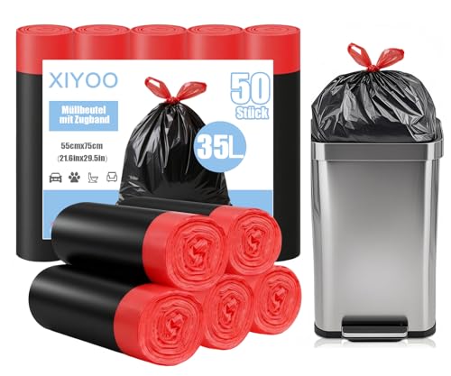 XIYOO Bin Liners 35 L with Drawstring Black Rubbish Bags Tear-Resistant Bin Bags Pack of 50 Bin Bags with Carry Handle
