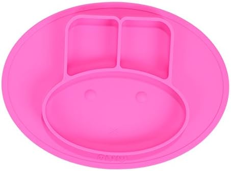 Lotoii Galaxy Mini Bunny Silicone Placemat and Plate, 3 Compartments, Non-slip Waterproof, Suction, Roll up with Travel Bag, Fits Highchair Trays, Dining Tables, FDA Approved, for Babies, Kids (Pink)