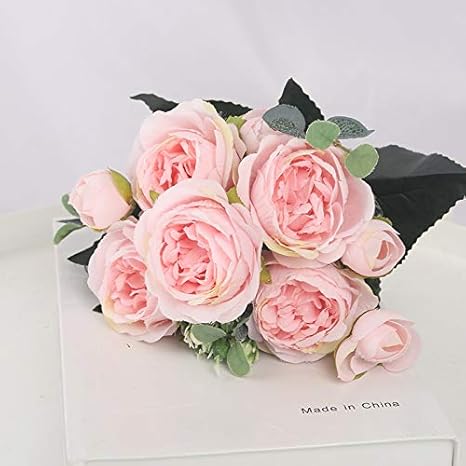 Amazon 1ブーケ9頭造花牡丹茶ローズ秋のシルクの花のための家の庭の結婚の装飾 Color ピンク 造花 オンライン通販