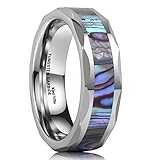 King Will 6mm Silver Tungsten Carbide Ring Unisex Wedding Band Abalone Shell Inlay Faceted Edges