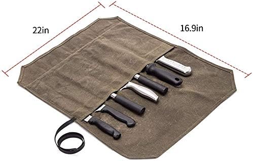 QCWN Waxed Canvas Chef Knife Roll Bag Heavy Duty Storage Knife Cutlery Tool Case with 7 Slots Wrapping Strap (Khaki) - Image 4