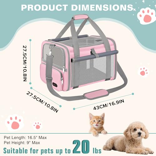 BTNEEU Foldable Cat Carrier Carrier Small Dog Carrier Airline Approved Breathable Carrier Bag with Inner Strap, Washable Soft Cushion and Adjustable Shoulder Strap (Pink)